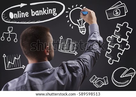 Technology, internet, business and marketing. Young business man writing word: Online banking