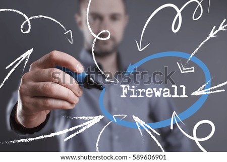 Technology, internet, business and marketing. Young business man writing word: Firewall