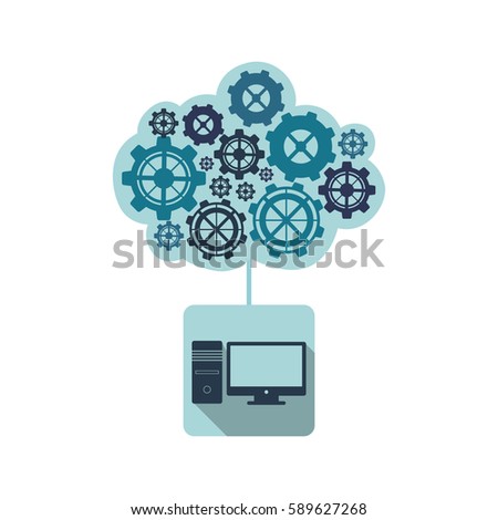 blue computer with gears cloud icon, vector illustraction design