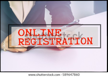 Hand and text ONLINE REGISTRATION with vintage background. Technology concept.