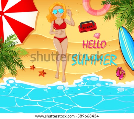 Summer holiday theme with woman on the beach illustration