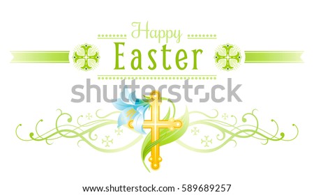 Happy Easter horizontal swirl banner border. Lily flower, Christianity cross icon. Spring holiday vector illustration. 