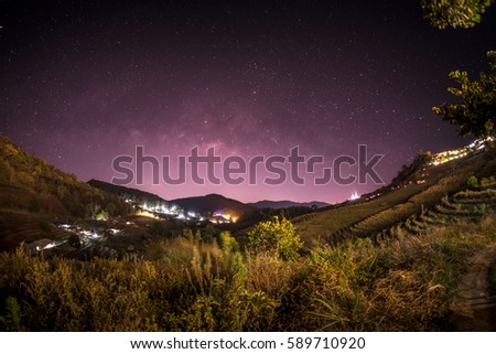 Milky Way galaxy, on the mountains. Long exposure photograph, with grain.Image contain certain grain or noise and soft focus.
