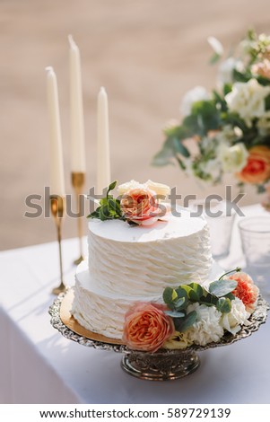 Wedding decoration table in the garden, floral arrangement, In the style vintage on outdoor.  Wedding cake with flowers. Decorated table with flowers, served for two people. Fine art background.