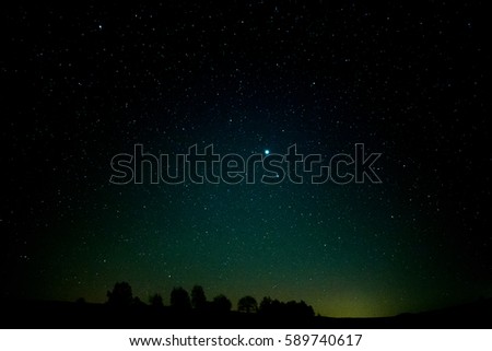 Night sky panorama, tree silhouettes, Jupiter in the middle of the picture.