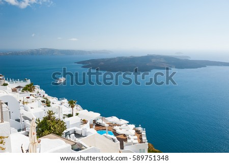 White architecture on Santorini island, Greece. Beautiful landscape, sea view.