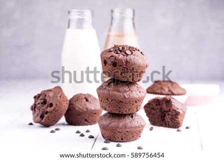 Tasty Chocolate muffins with chocolate drops Close up  Horizontal photo