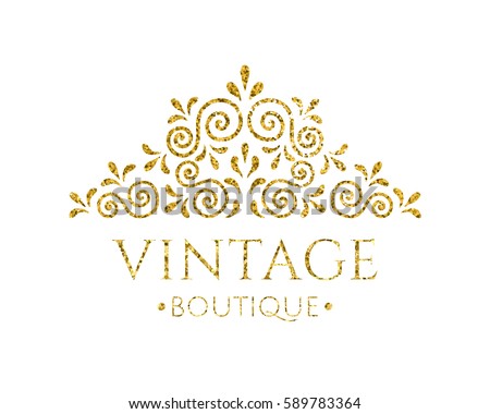 Elegant retro flourish decor. Vintage logo design with gold glitter texture. Baroque style ornament for boutique; restaurant; cafe; flower shop emblem. EPS 10 vector illustration. Clipping mask.