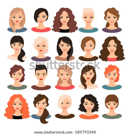 Woman avatar set vector illustration. Beautiful young girls portrait with different hair style isolated on white background Royalty-Free Stock Photo #589793348