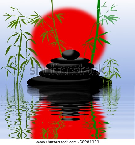 Abstract background with bamboo branches and Cairn stones in the water reflection