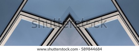 Transparent modern architecture. Reworked photo of glass wall elements with sky visible through. Public or office building exterior fragment. Abstract panoramic background with geometric structure.