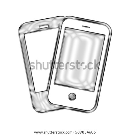 Silver Chrome Smartphones Icon Shiny Metallic Modern Cell Phone Symbol Glossy Metal Illustration Isolated on White Background.  Includes Clipping Path for Isolation.