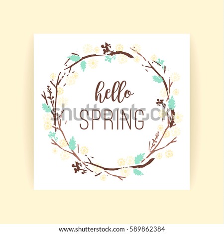 Spring frame of branches and leaves. Spring gentle pastel colors. Hand Drawn textures. Design for poster, card, invitation, placard, brochure, flyer. Vector.