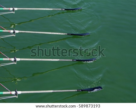 Close up oars of quadruple skulls rowing team race Royalty-Free Stock Photo #589873193