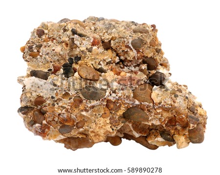 Natural specimen of conglomerate - sedimentary rock composed of rounded or sub-rounded gravel and pebbles cemented by calcium carbonate on white background Royalty-Free Stock Photo #589890278