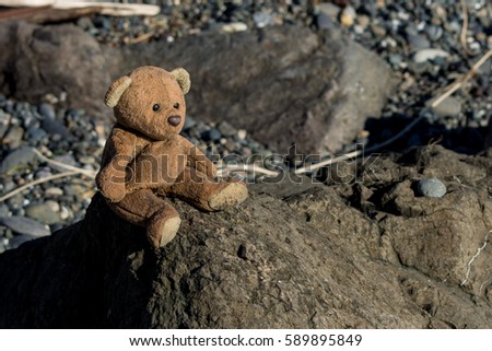Teddy Bear: A teddy bear sits on a rock at the beach. Royalty-Free Stock Photo #589895849