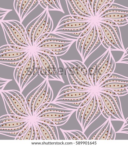 Repeating pattern with Abstract geometrical purple flower with pointy pedals with dots.Seamless background with dots and wavy abstract geometrical flowers.