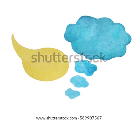 Watercolor speech bubble on white background. Yellow text bubble cloud hand-drawn element. Isolated cloud clipart. Blue thought bubble. Conversation or dialogue illustration. Hand-painted comic design