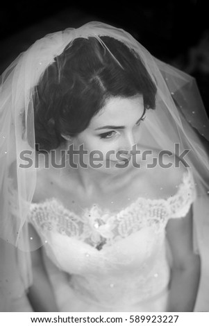 beautiful bride with a veil on her head, happiness, love, black frame monochrome