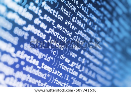 Programmer occupation job.  Writing programming functions on laptop. Software abstract background. Big data database app. Javascript functions, variables, objects. Data network hardware Concept. 
