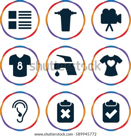 graphics icons set. Set of 9 graphics filled icons such as tap, t-shirt with heart, camera, ear, football t shirt, menu, clipboard with tick