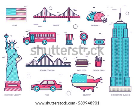 Country USA travel vacation guide of goods, place and feature. Set of architecture, fashion, people, item, nature background concept. Infographic traditional ethnic flat, outline, thin line icon