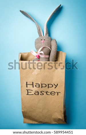 Easter bunny in a paper bag. Rabbit. Blue background. Easter ideas.  Space for text. Black lettering happy easter.