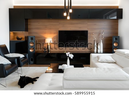 Modern living room interior of real home Royalty-Free Stock Photo #589955915