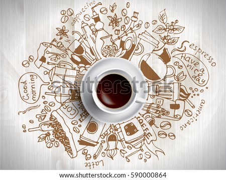 Coffee doodle concept - sketch illustration about coffee time. Vector coffee background with doodle sketch illustration of cafe beans, beverage details - cup, pot, glass, cinnamon, syrup for Cafe menu Royalty-Free Stock Photo #590000864