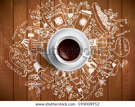 Morning coffee doodle concept on wooden background.Coffee doodle concept - sketch illustration about coffee time. Vector coffee background with doodle sketch illustration of cafe beans, beverage menu Royalty-Free Stock Photo #590008952