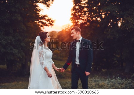Newlyweds embracing each other at sunset. groom holds the hand of the bride. A romantic picture outdoors. wedding day