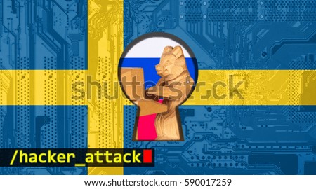 Computer hacker or Cyber attack concept background with Sweden flag and the Russian bear-hacker