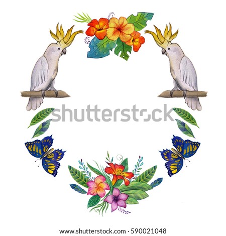 Watercolor summer frame for banner, poster, sale With tropical birds, flowers Tropical island Tropical summer paradise