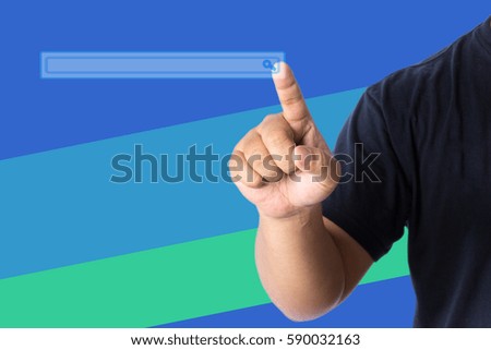 A man finger with casual wear touching a website search box.. Copy space for add word title at stripe colour background. Business concept.