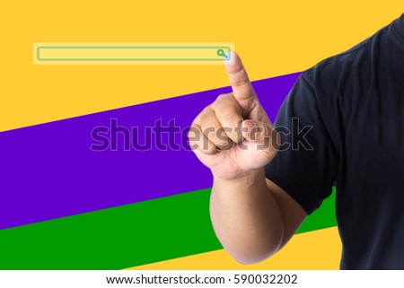 A man finger with casual wear touching a website search box.. Copy space for add word title at stripe colour background. Business concept.