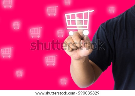 A man finger with casual wear touching a digital digital shopping cart button.Business concept with red colour background. 