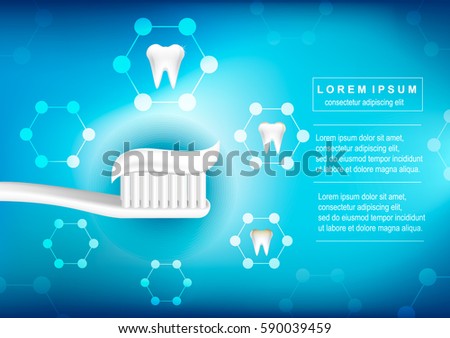 Toothpaste, toothbrush.Human tooth dental infographic. brochure graphic design. Royalty-Free Stock Photo #590039459