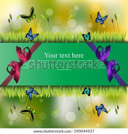 Very high quality original trendy banner with grass, chamomile, butterfly and realistic ribbon