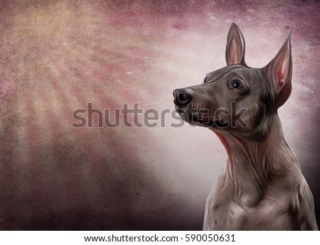 Drawing Xoloitzcuintle - hairless mexican dog breed, portrait oil painting on old vintage color grunge paper background. Hand drawn home pet. Digital painting.  Clip art llustration