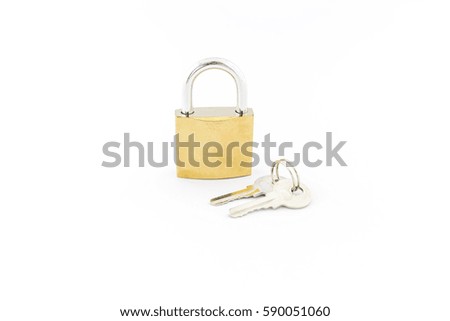 Padlock with the key on white background - selective focus