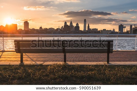Philadelphia skyline viewed from park bench