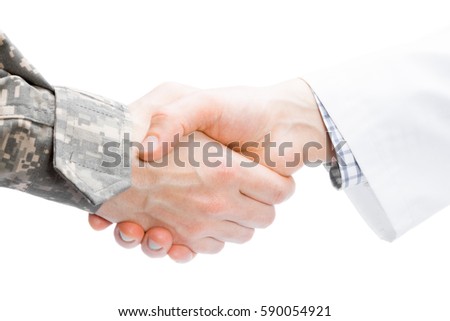 Close up shot of a doctor and a military man shaking hands on white background