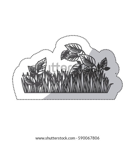 grayscale contour sticker of field grass and plants vector illustration