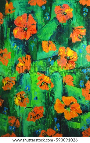 Poppy field. Beautiful picture painted in broad strokes with a palette knife. Oil painting. 