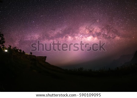 Milky Way galaxy, on the mountains. Long exposure photograph, with grain.Image contain certain grain or noise and soft focus.
