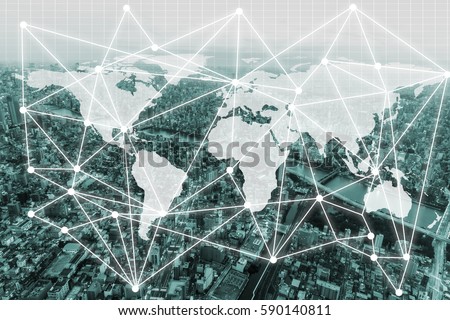 Double exposure global world map on business financial network city background. Elements of this image furnished by NASA