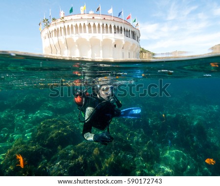 A Male Teenager Scuba Diving at Catalina Island, California Royalty-Free Stock Photo #590172743