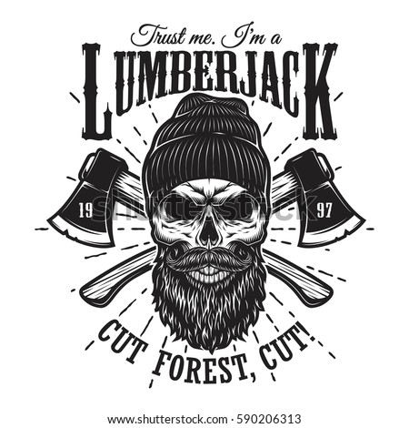 Vintage hipster lumberjack emblem with crossed axes behind the skull in beanie, with beard and mustache. Sunburst on background. Monochrome, isolated on white background. Royalty-Free Stock Photo #590206313