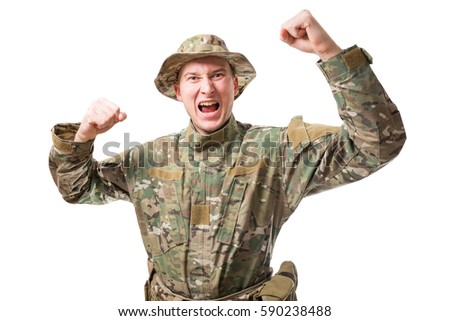 Soldier standing in aggressive attitude, soldier are ready to fight