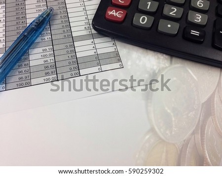 Double exposure photo, accounting desktop and coins for financial, banking and business concept, working day in office, calculator and stationery items, faculty of accounting
